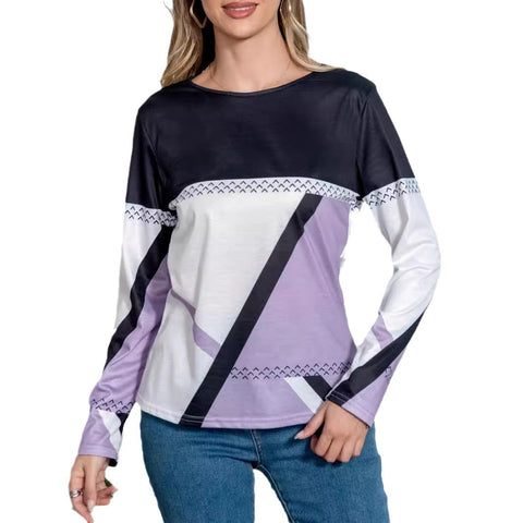 Spring and Autumn Elegant Geometric Contrast Top Long Sleeve T-Shirt m301645