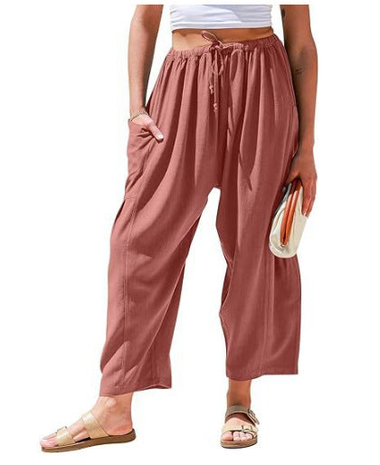 Elastic waist pleated middle waist straight pants loose casual cotton and linen nine-point pants m301883