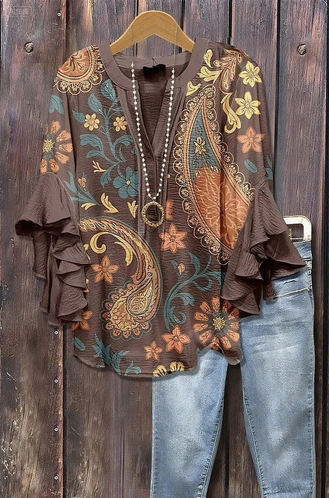Digital printing casual trend V-neck lotus edge T-shirt women's m302725-2