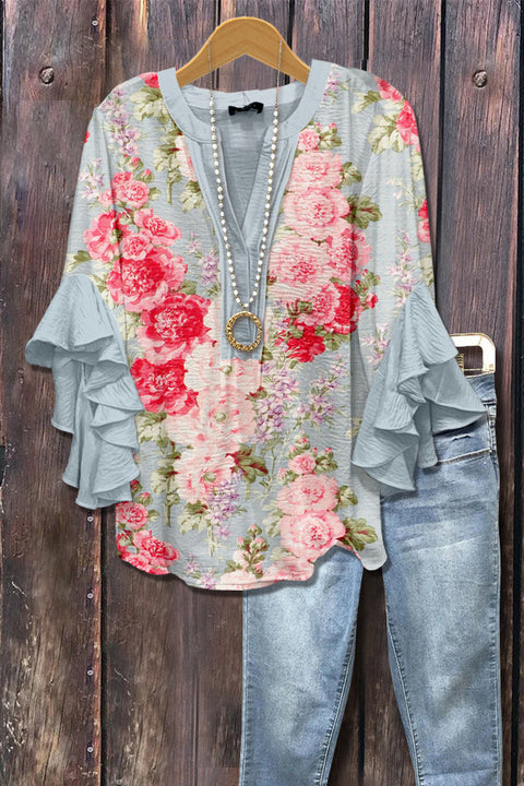 Creative floral element printing digital printing casual trend V-neck lotus edge T-shirt women's top m301778