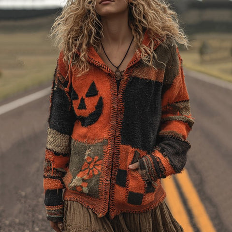 Halloween spoof digital printing zipper pumpkin hooded imitation knitted sweater m302044