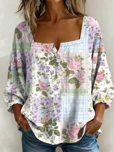 Floral print 3-button elegant wide neck top m302847
