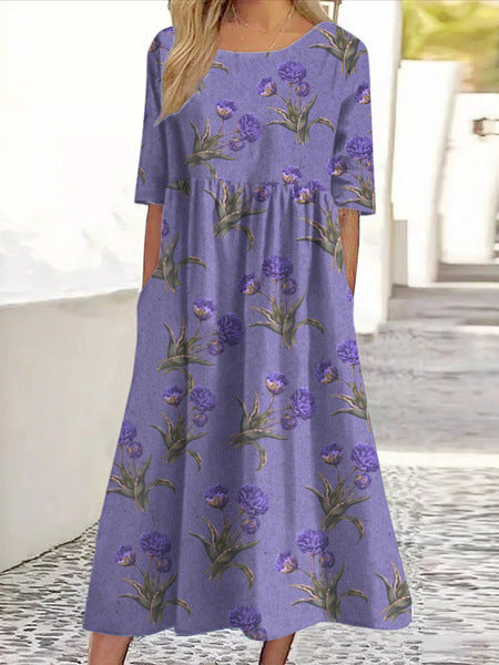 New mid-waist women's casual crew neck 3D printed dress m302528