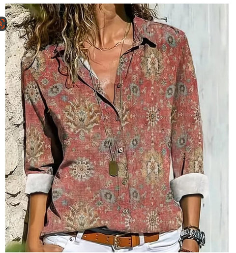 3D digital printing abstract pattern women's long-sleeved buckle linen shirt m302749-01