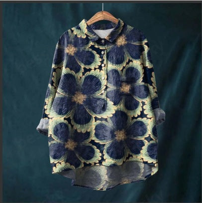Long Sleeve Bamboo Linen Printing Fashion Versatile Lapel Shirt m301040