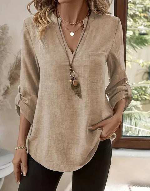 Women's button v-neck pocket T-shirt top m302448
