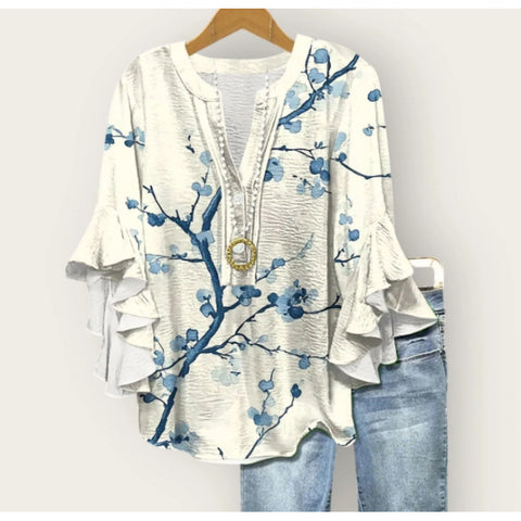 Floral element printing digital printing casual trend V-neck lotus edge T-shirt women's upper m302746