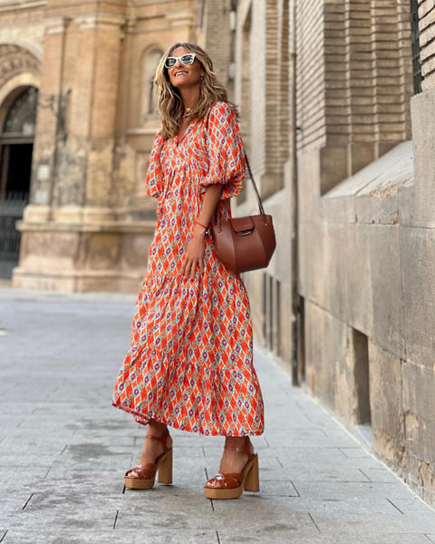 Geometric print bubble sleeve dress street fried street skirt m300902