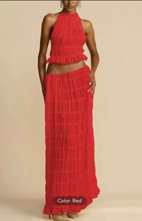 backless neck sling drawstring chiffon pleated long skirt two-piece set m301879