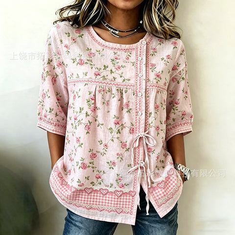 Temperament women's long-sleeved shirt printed top lace-up shirt m302925