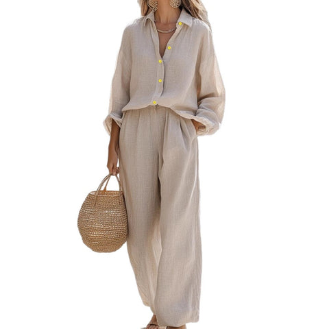 Casual lapel long-sleeved shirt trousers cotton multi-color women's suit FF303104