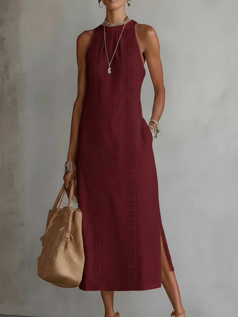 Women's clothing neck holiday solid color lace splicing sleeveless dress m302923