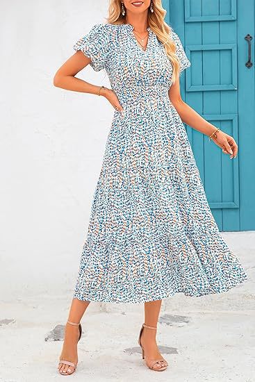 V-Ausschnitt, Plissiert, bedrucktes Kurzarmkleid m300104 