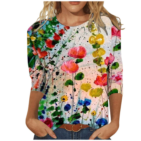 Women's Clothing round Neck 3/4 Sleeves Loose Print T-shirt M300227
