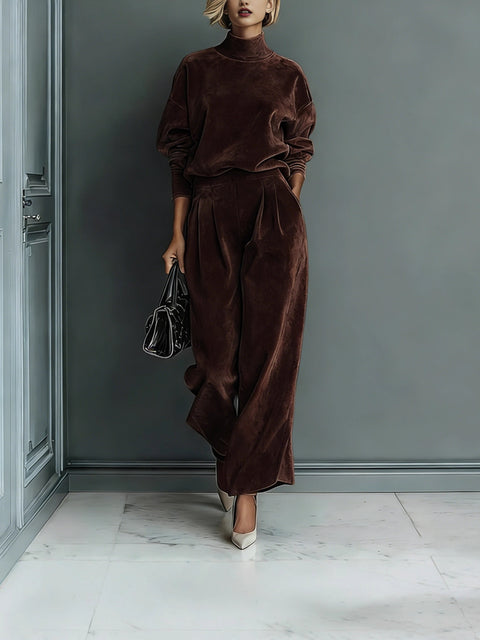 Casual two-piece suit golden velvet long-sleeved solid color high-necked wide-leg pants m302327