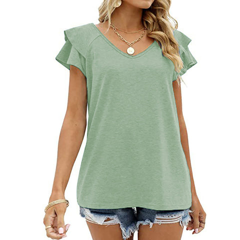 Solid V-neck double layered ruffle edge sleeve loose top with m300112