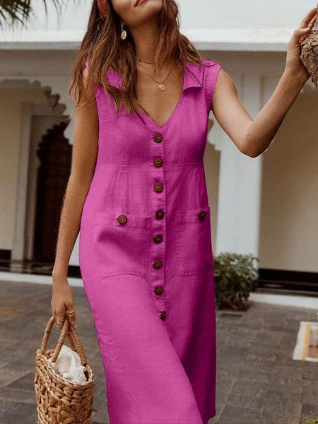 European and American V-neck single-breasted button-down dress, pocket design m301587