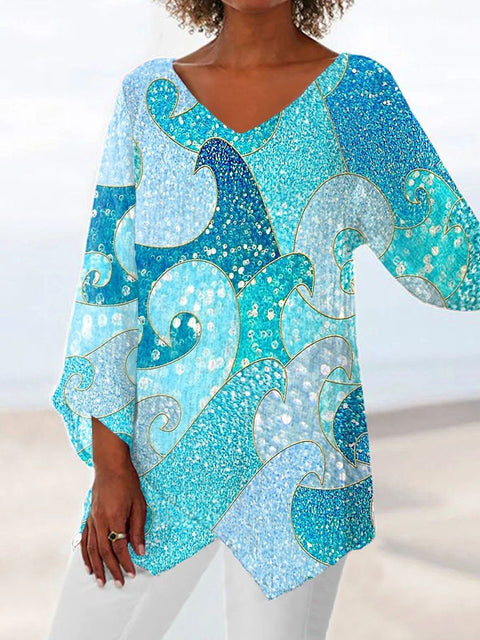 3D printing animal natural scenery V-neck nine-quarter sleeve loose T-shirt m301694