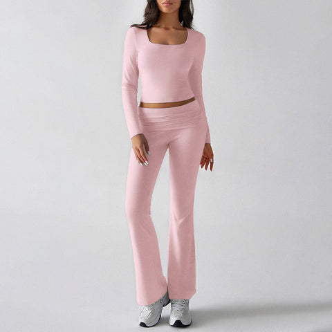 Solid color casual knitted long-sleeved top yoga suit two-piece pants set m301815