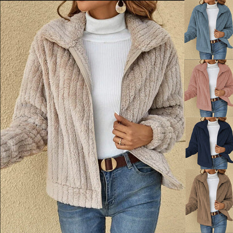 Pit strip plush cardigan lapel short jacket m300357