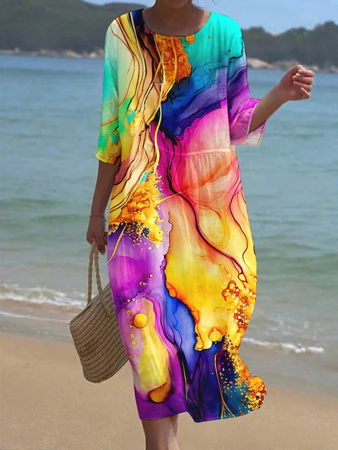 Loose Crew Neck Fashion Premium Long Sleeve Printed Dress m301045