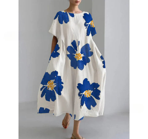 Women's loose crew neck fashion high-end short-sleeved printed dress m301052