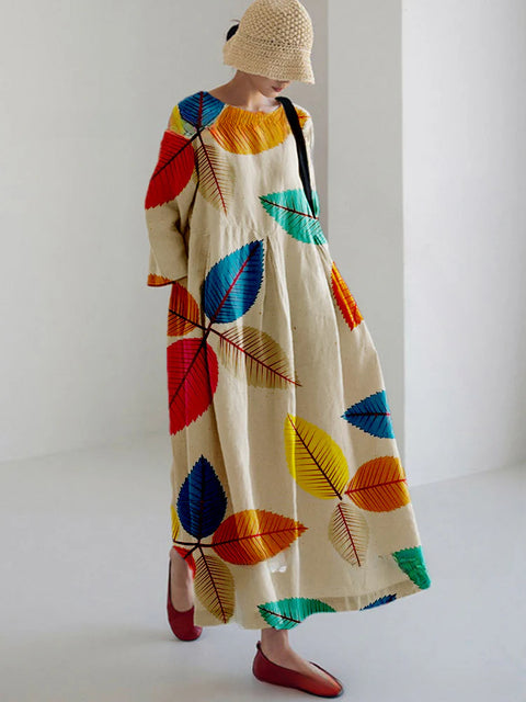 Loose crew neck fashion high-end long-sleeved printed dress m301054