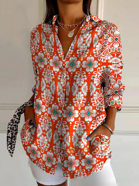 3D digital printing abstract pattern women's long-sleeved buckle linen shirt m301277