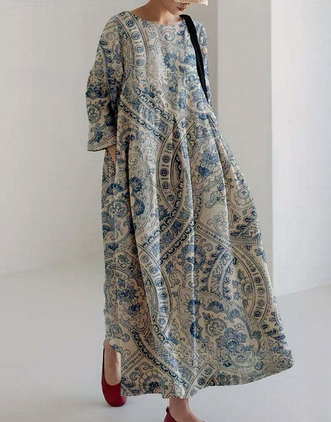 Women's loose crew neck fashion high-end long-sleeved printed dress m301049