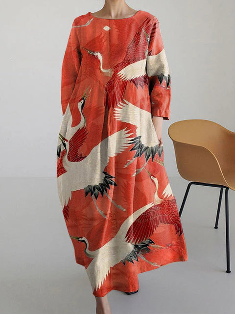 Women's loose crew neck fashion high-end long-sleeved printed dress m301049