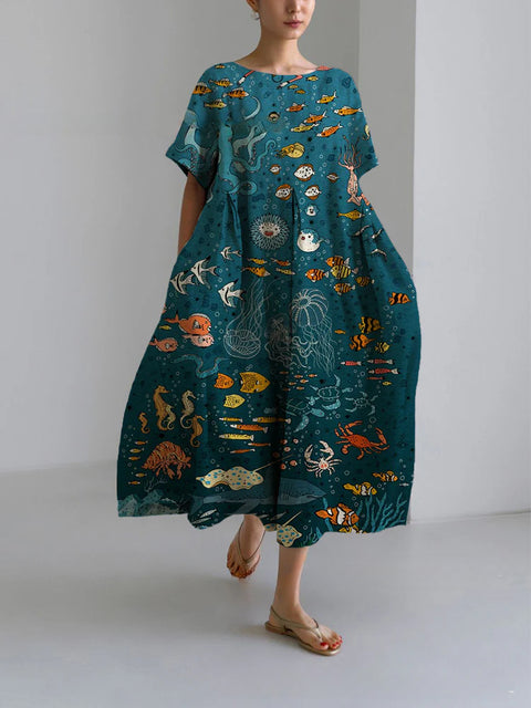 Women's loose crew neck fashion high-end short-sleeved printed dress m301052