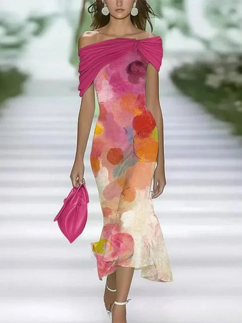 Floral element shading 3D digital printing temperament elegant slanted shoulder dress m302468