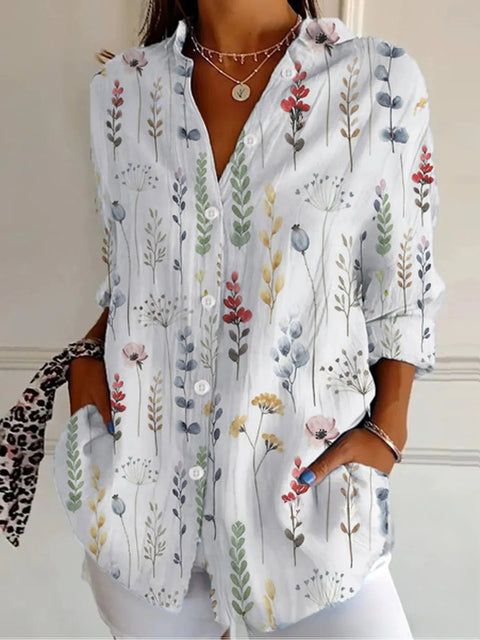 3D digital printing abstract pattern women's long-sleeved buckle linen shirt m301277