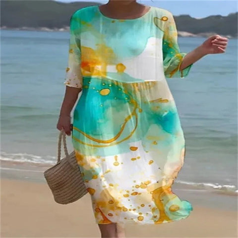 Loose Crew Neck Fashion Premium Long Sleeve Printed Dress m301045