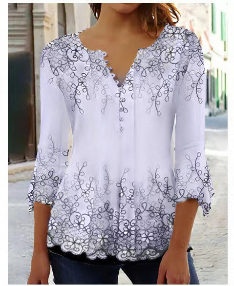 Fashion Ruili floral print V-neck three-quarter sleeve T-shirt m300035