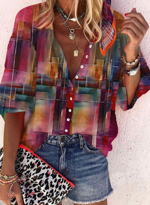 Color Block V Neckline Half Sleeve Blouses m161504887 (5825578)