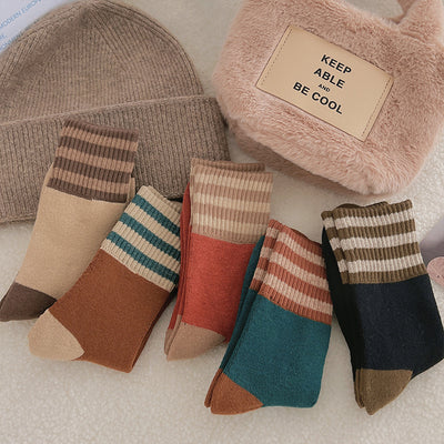 Thickened striped socks for children's mid length socks Instagram trendy pure cotton autumn and winter plush insulation Japanese vintage looped long socks m1915010441