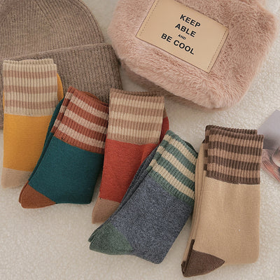 Thickened striped socks for children's mid length socks Instagram trendy pure cotton autumn and winter plush insulation Japanese vintage looped long socks m1915010441